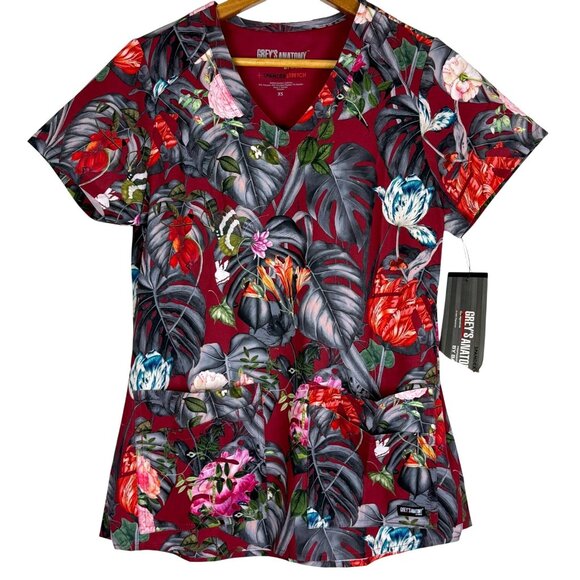 Grey’s Anatomy Tops - Grey’s Anatomy Scrub Top Women's XS Palm Garden Floral 4-Pocket Stretch V-Neck